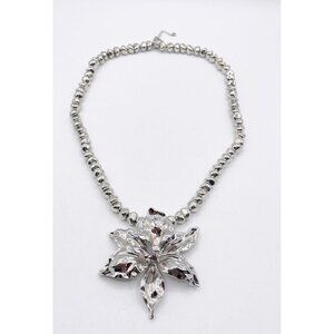 Silver Tone Large Sculptural Flower Pendant Statement Necklace Chunky Beads